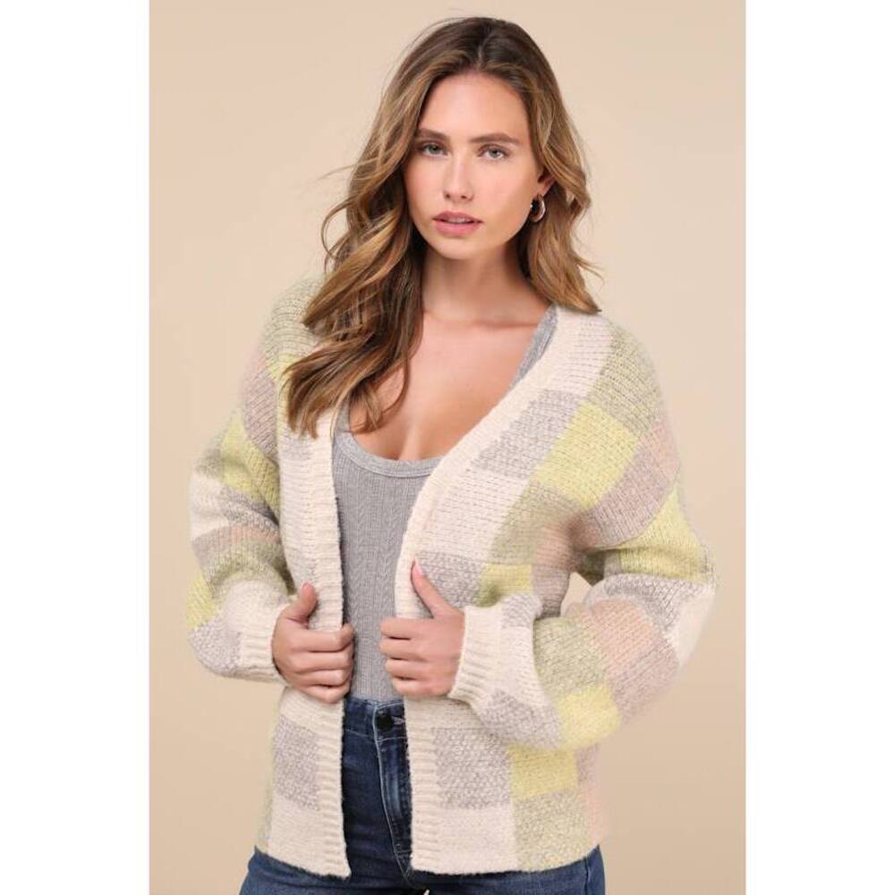 Lulus Cozy Expression Beige Multi Checkered Balloon Sleeve Cardigan - Size XS